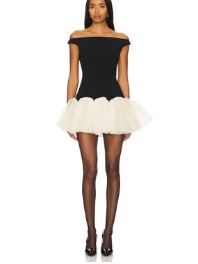 Lovers + Friends Black Off-Shoulder Mini Dress with Cream Tulle Hem